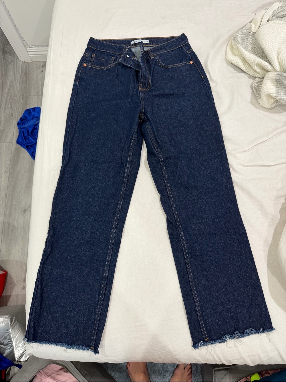 Zara Dark Blue Straight-Leg Jeans with Raw Hem